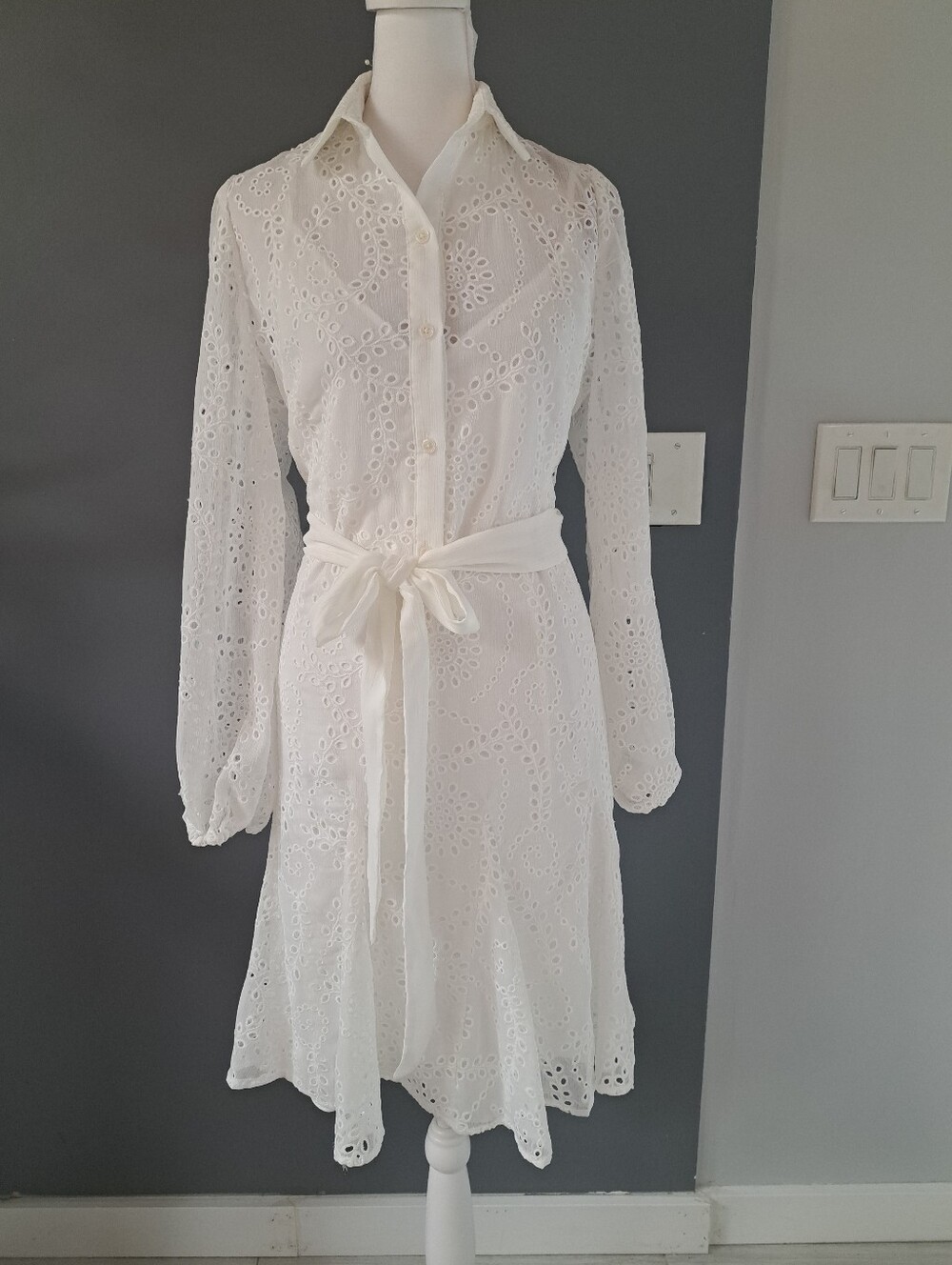 NWT White House Black Market White Eyelet Shirt Dress with Tie Waist